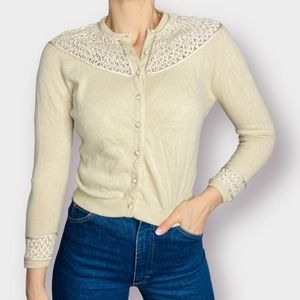 1950s Edith Salzman Tan Cashmere Sweater with Ribbon‎ Smocking